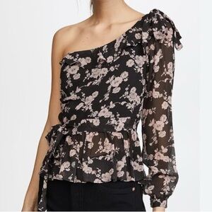 For Love and Lemons Brown Pink Peplum Asymmetrical Blouse
